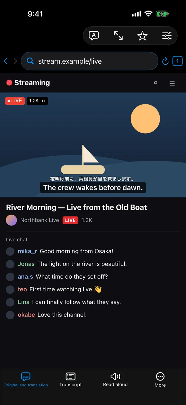 The Translate Browser playing a sample live stream, with an English subtitle and the Japanese original shown over the video