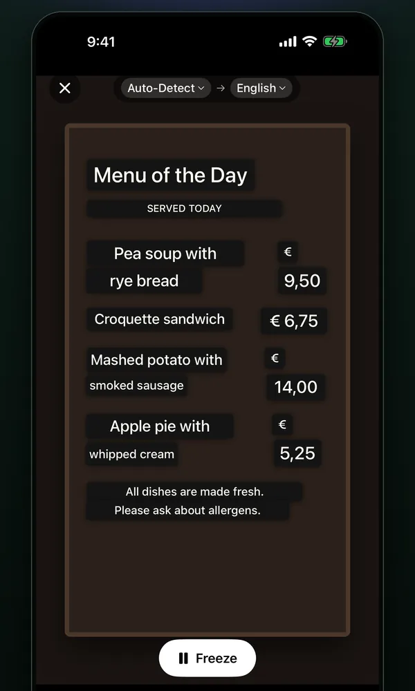 The camera pointed at a menu, with the translation laid over each line and the Freeze button below