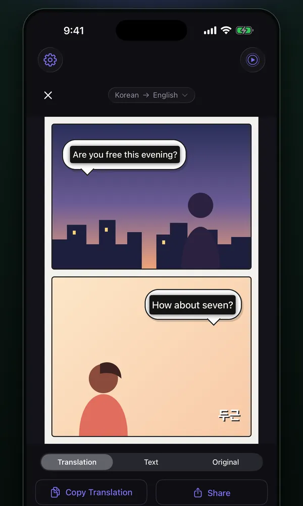 A sample comic with each speech bubble translated in place, and the Translation / Text / Original switch below