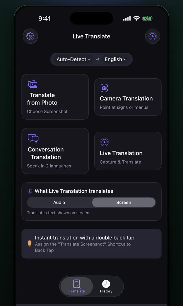 The Miruyaku home screen with Photo, Camera, Conversation and Live Translation, and a tip about the back double tap